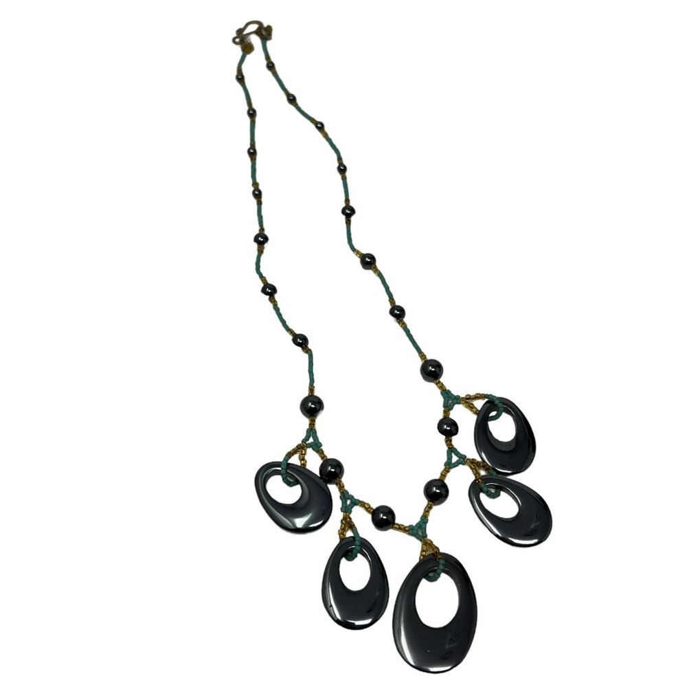 Boho Necklace Hematite and Blue Seed Beads Graduated Oval Charms‎